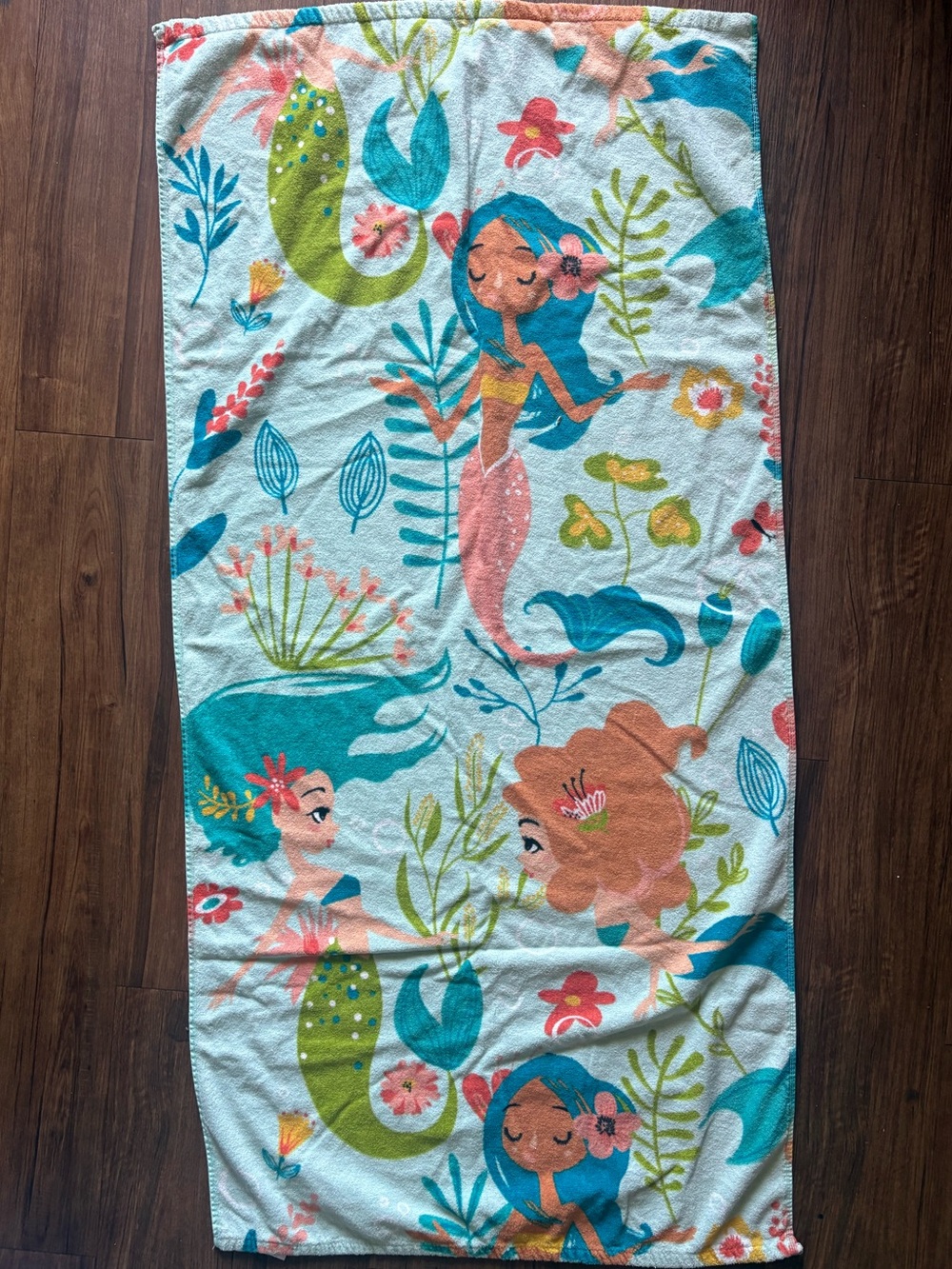 Child Mermaid Print Beach Towel - Teal, Coral & Green
